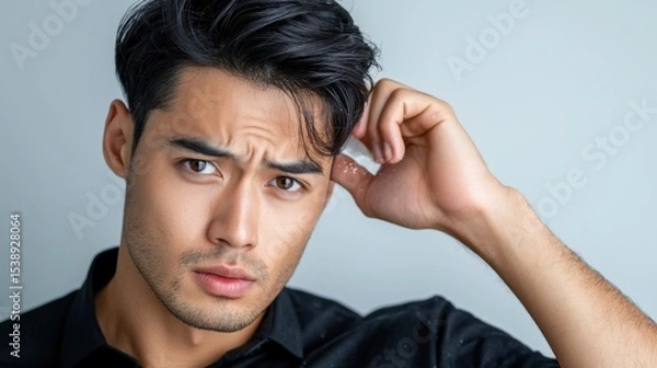 Obraz Close-up portrait of a young man with a concerned expression, brushing off dandruff from his dark hair against a plain white background.