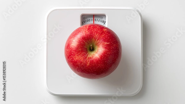 Fototapeta Overhead image of red apple on food scale with white background showing clean diet and portion control balance