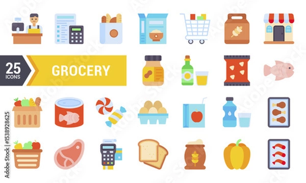 Fototapeta 25 Flat Icons for a Grocery Store or Website.