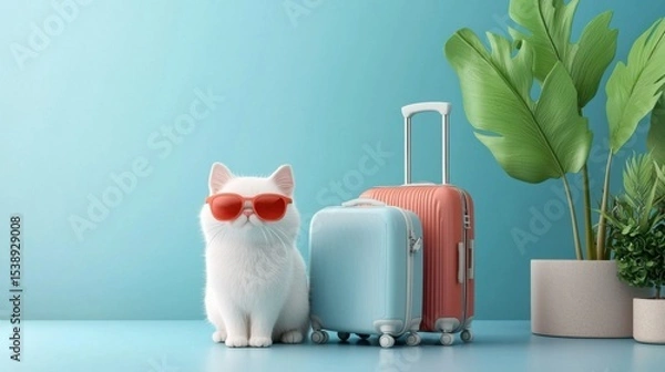 Obraz A cheerful, energetic pet enjoying an adventurous journey, with sunglasses and luggage in tow, set against a bright, colorful backdrop.
