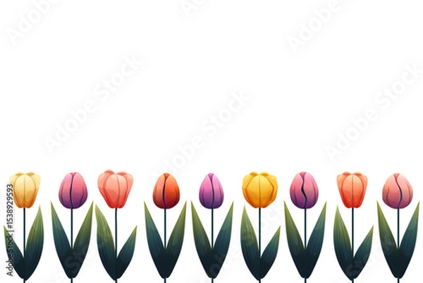 Fototapeta Floral frame with colorful tulips. Vector frame with yellow, red, pink, orange and purple tulips and green leaves on a white background. Perfect for spring design, invitations, packaging