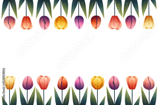 Fototapeta Floral frame with colorful tulips. Vector frame with yellow, red, pink, orange and purple tulips and green leaves on a white background. Perfect for spring design, invitations, packaging