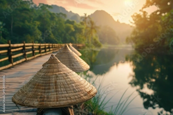 Obraz Clear Pixel Visual of Woven Hats to Travel in the Asian Landscape