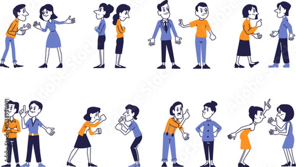 Fototapeta Various Emotional Reactions Between People. Vector Set of Cartoon Characters in Conflict, Disagreement, or Debate Situations
