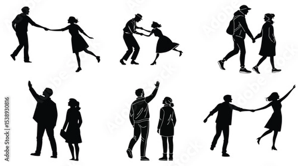 Obraz "Romantic Couple Silhouettes Holding Hands and Walking Vector Set"