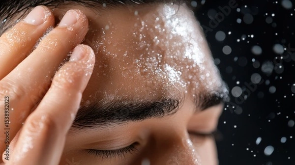 Obraz Extreme close-up view of a person's scalp, revealing dry, scaly skin and visible dandruff flakes