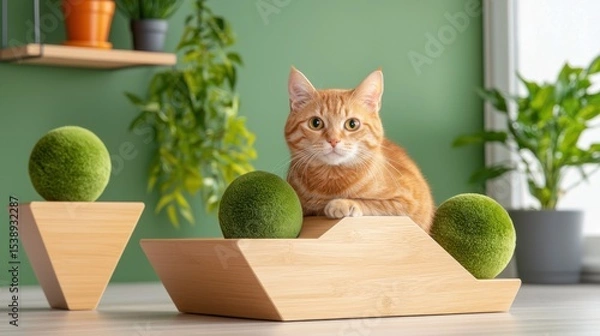 Obraz Cozy, modern living room with a sleek, geometric shelving system and a curious cat lounging on the comfortable furniture