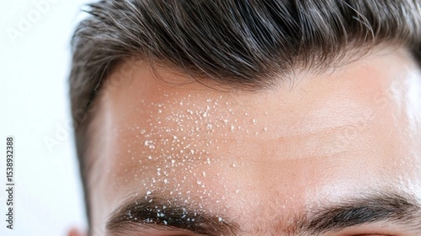 Obraz Extreme close-up of a human scalp showing severe dandruff with visible white flaky skin