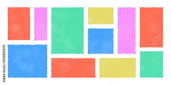 Fototapeta Set of colorful vector rectangles with halftone dots and soft gradient backgrounds. Ideal for pop art designs, stickers, scrapbook elements, labels, or retro comic templates.