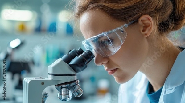 Obraz A person, likely a scientist or researcher, intently focused on using a microscope to closely inspect and analyze a sample in a professional laboratory environment.