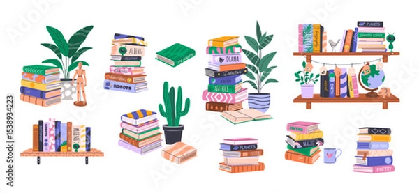 Obraz Set of isolated bookcase, bookshelves, stacks and piles of books and decor. Home library collection with educational literature, novels, encyclopedias. World Book Day and Back to School concept.