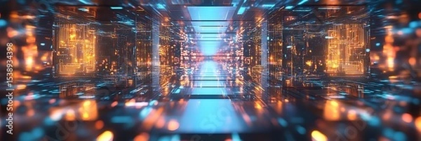 Fototapeta futuristic technology tunnel, with a mesmerizing display of data and lights. This captivating scene suggests the essence of advanced digital transformation