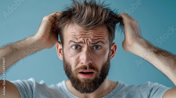 Obraz A conceptual depicting the impact of stress on hair health, with a person experiencing hair loss as a result of emotional and mental strain.