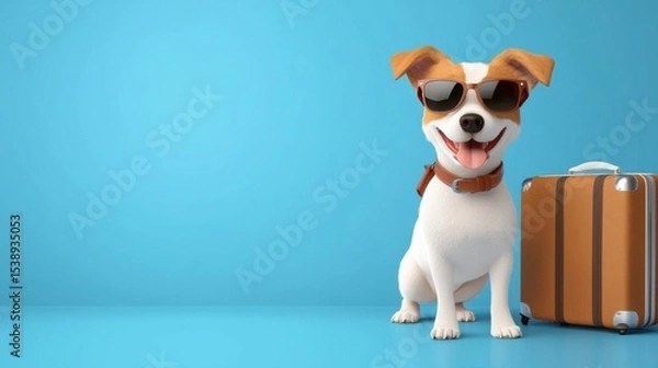 Obraz A cheerful and playful dog wearing stylish sunglasses, standing next to a suitcase, ready for a fun-filled vacation or adventure.