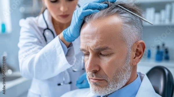 Obraz A dermatologist closely inspecting a patient's scalp to diagnose and provide treatment for their hair loss condition.