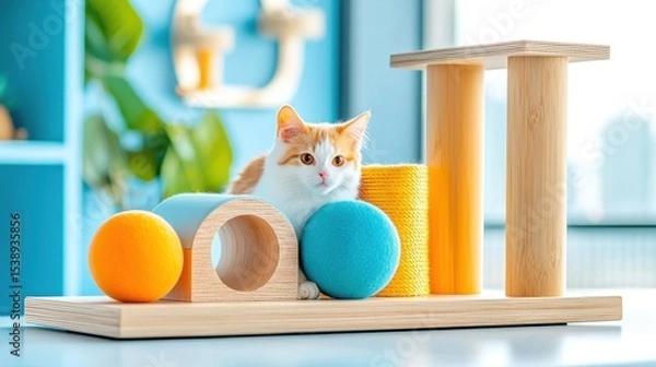 Obraz Soft and stylish pastel-colored plush cat play area with cushions and hidden nooks for a comfortable and interactive feline environment.