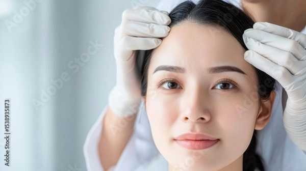 Obraz A dermatologist carefully examining a patient's scalp for any skin or hair-related issues.