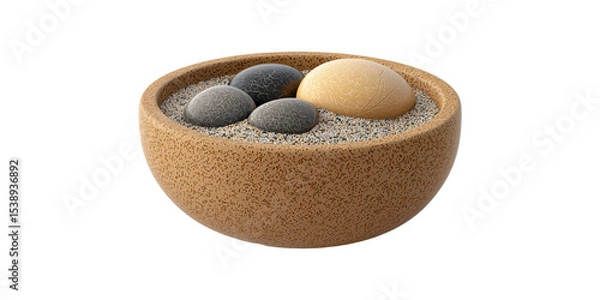 Obraz Decorative Bowl With Textured Stones And Sand. Zen Garden And Mindfulness Concept Isolated On Transparent Background