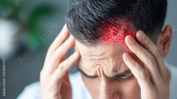 Obraz Close-up view of a person's scalp showing symptoms of chronic psoriasis, a common skin condition characterized by red, scaly, and irritated patches.