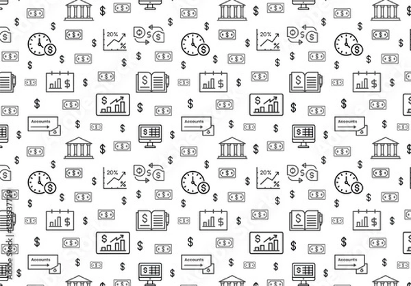 Fototapeta  Accounting seamless pattern Design .   Accounting of business affairs and work. Invoice, tax, accountant, financial statement, tax calculator.
