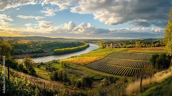 Fototapeta Panoramic photo of the Loire Valley castles with vineyards