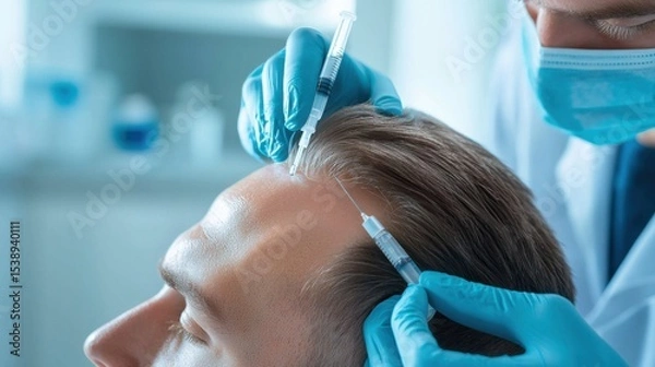 Obraz A healthcare professional administering platelet-rich plasma PRP therapy to promote hair regrowth and rejuvenation through a precise injection process.