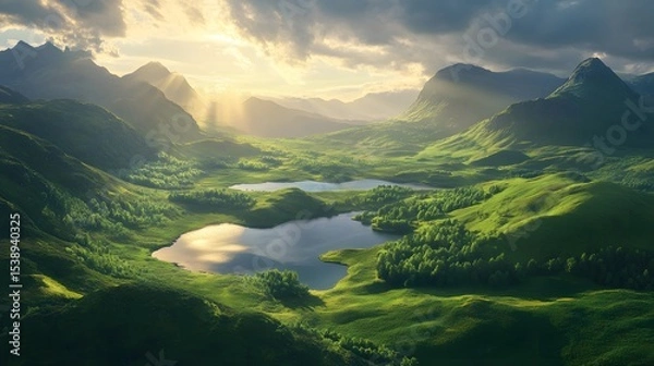 Fototapeta Wide landscape of the Scottish Highlands with lochs and rolling hills