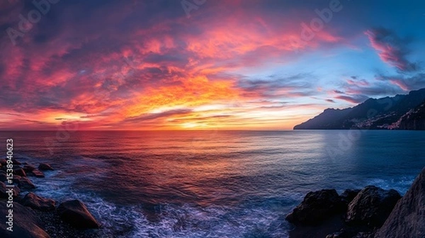 Fototapeta Panoramic photo of the Amalfi Coast sunset with colorful sky