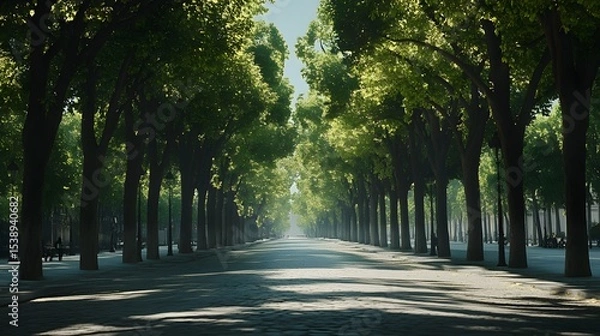 Fototapeta Wide shot of the Champs-Élysées during the summer with lush trees