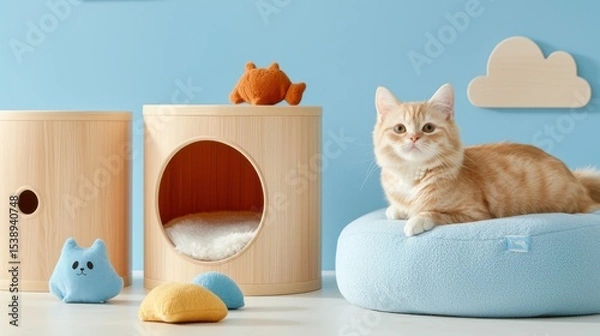 Obraz A comfortable and inviting indoor space designed for a cat to rest and relax, featuring a multi-level furniture setup with plush textures and modern, minimalist decor.