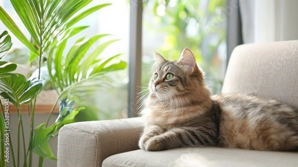 Obraz A peaceful and inviting living room bathed in warm sunlight, with a soft, fluffy cat resting calmly on a plush piece of furniture.
