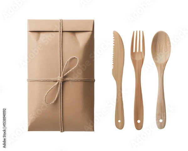 Fototapeta Eco-Friendly Bamboo Cutlery Set with Kraft Paper Package Isolated on transparent background. high resolution PNG file