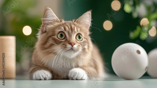 Obraz Adorable cats enthusiastically playing and exploring a whimsical indoor environment filled with vibrant, texturized toys and giant rolling balls, promoting creativity and joyful activity.