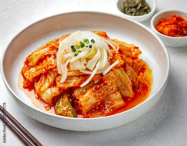 Fototapeta Traditional Korean dish called kimchi, made from fermented vegetables with hot spices presented in an authentic bowl