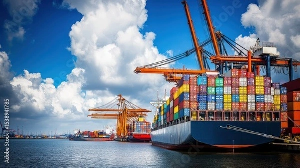 Fototapeta Cargo ship docked at port, cranes overhead under a partly cloudy sky