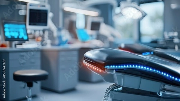 Obraz Innovative futuristic medical laser technology used for advanced hair loss treatment in a sleek, dark clinical setting.