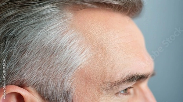 Obraz Close-up view of thinning, sparse hair on an aging scalp, showcasing the natural process of hair loss due to the effects of time