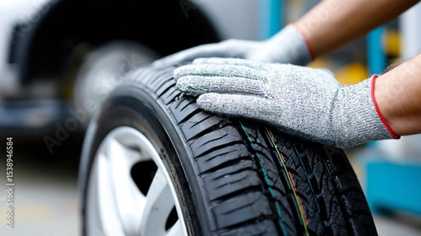 Fototapeta Close-up of a professional auto mechanic placing a new tire onto a vehicle. 