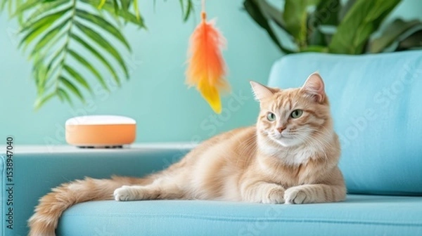 Obraz A whimsical scene of a curious and playful cat exploring an interactive playroom with soft textures, soothing warm lighting, and a calm, serene atmosphere