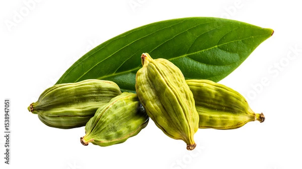 Fototapeta Green cardamom pods with fresh leaf isolated on white background for spice concept

