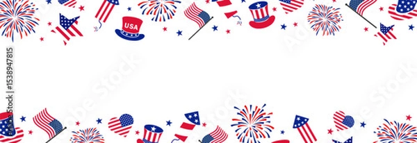 Obraz 4th july Independence Day fireworks frame .Red, blue fireworks for 4th of July . Fourth of July background . United States of America celebration firecrackers border . USA exploding fireworks .