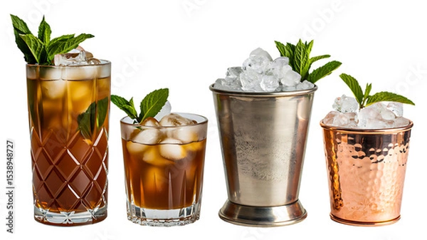 Fototapeta Iced tea drinks with mint leaves and ice cubes in various glassware on white background
