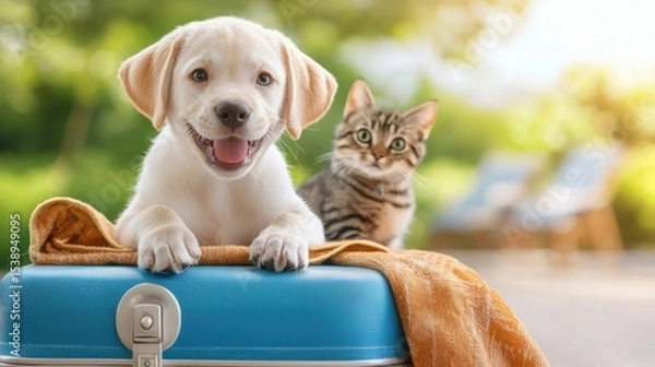 Obraz An energetic and playful Labrador retriever puppy with its paws resting on a suitcase, as if eager to embark on a new adventure.
