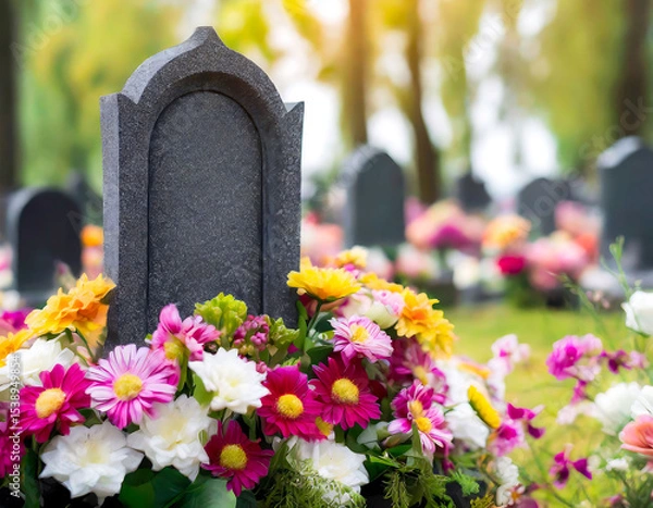 Fototapeta A cemetery with a black headstone and a colorful flower arrangement on top. The flowers are a mix of pink, yellow, and white, and they are arranged in a way that creates a sense of peace and serenity
