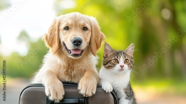 Obraz A cozy scene of a golden retriever puppy and a kitten snuggling together comfortably inside a small suitcase, creating a warm and intimate moment of companionship.