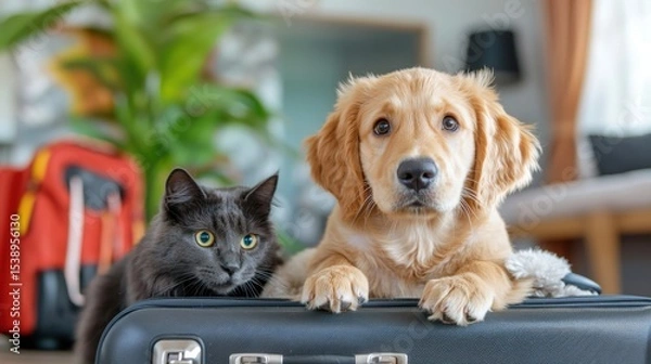 Obraz A playful and adorable golden retriever puppy sitting inside a small suitcase, looking up with a curious and mischievous expression, showcasing its soft, fluffy fur and captivating features.
