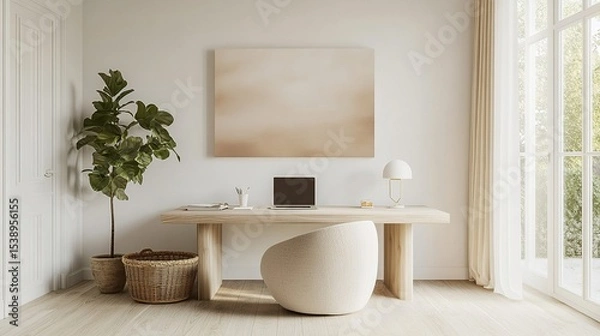 Fototapeta Bright, minimalist workspace with natural light features a wooden desk, modern chair, potted plant, and neutral abstract artwork.