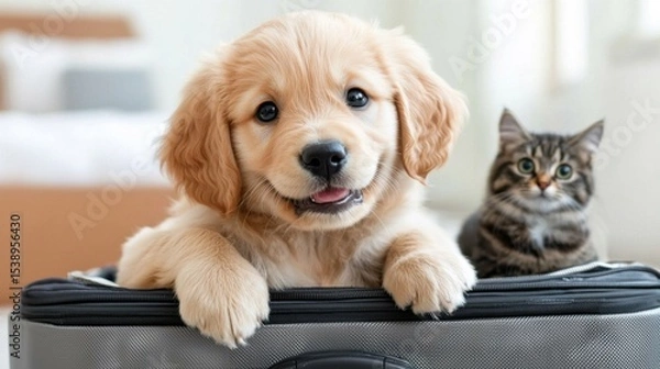 Obraz Adorable golden retriever puppy playfully stretching and exploring inside a cozy suitcase, showcasing its curiosity and energetic nature.