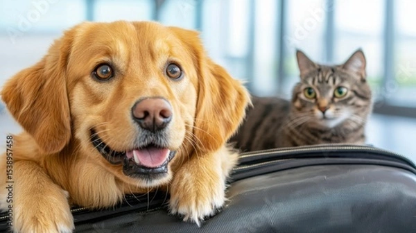 Obraz A cheerful golden retriever puppy nestled comfortably inside an open luggage bag, curiously observing its surroundings with an inquisitive expression.