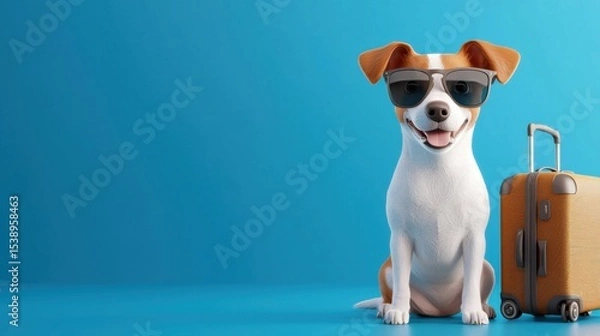 Obraz Cheerful puppy wearing vacation sunglasses and carrying a small suitcase, ready for an adventure